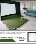 Game-Ready Indoor Golf Mat 4 By 7 Foot With Realistic Fairway Feel setup in home with projector and sofa