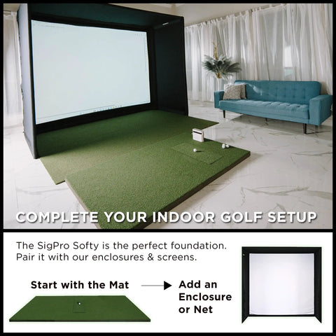 Game-Ready Indoor Golf Mat 4 By 7 Foot With Realistic Fairway Feel setup in home with projector and sofa