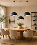 15" Black and Gold Dome Pendant Lights, 3 Pack Industrial Farmhouse Textured Matte Black Hanging Light Fixtures with Hand-Applied Gold Leaf Interior for Kitchen Island, Dining Room, Bar, E26 above round dining table.