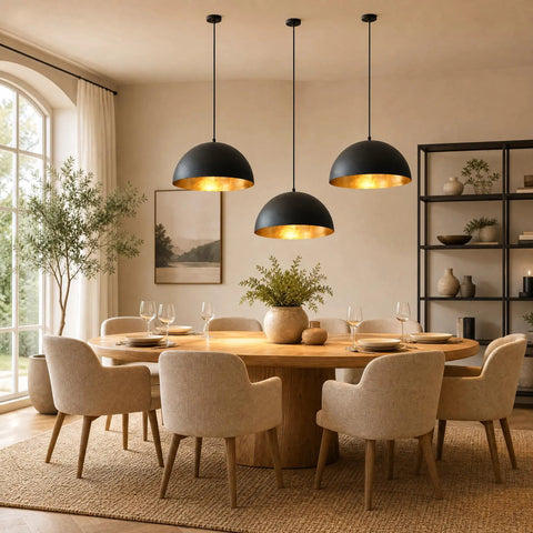 15" Black and Gold Dome Pendant Lights, 3 Pack Industrial Farmhouse Textured Matte Black Hanging Light Fixtures with Hand-Applied Gold Leaf Interior for Kitchen Island, Dining Room, Bar, E26 above round dining table.