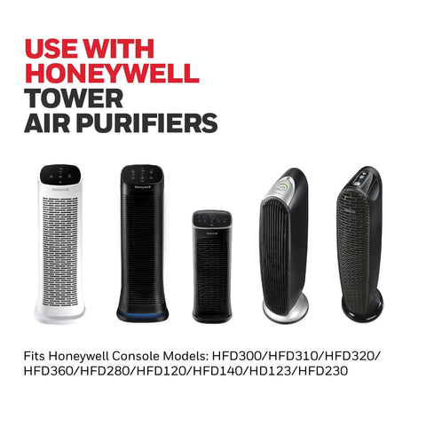 Five Honeywell tower air purifiers compatible with Odor And Gas Reducing Pre Filter 2 Pack.
