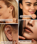 14K Gold Plated Threadless Flat Back Earrings Set For Women And Men, 20G 6mm Gauge, Includes Moon Leaf Flower And Ball Nose Studs And Straight Tapers, Silver And Gold Plating, Wear Solo Or Stackable Everyday Jewelry. Flat back studs shown on ear, nose, tragus, and lip.