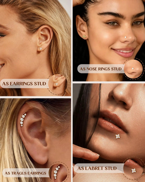 14K Gold Plated Threadless Flat Back Earrings Set For Women And Men, 20G 6mm Gauge, Includes Moon Leaf Flower And Ball Nose Studs And Straight Tapers, Silver And Gold Plating, Wear Solo Or Stackable Everyday Jewelry. Flat back studs shown on ear, nose, tragus, and lip.