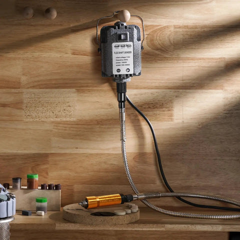 Beefy 1000W Flex Shaft Rotary Tool Kit With 30,000 RPM High Speed Motor and flexible shaft, mounted on a wooden wall.