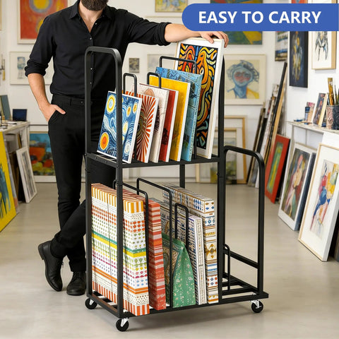 Two Tier Mobile Carton Cart With Eight Adjustable Dividers Rolling Packing Station For Home Or Warehouse, loaded with vibrant art supplies.