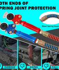 Collage of 15 Foot Red And Blue 3 In 1 Air Line Kit For Semi Truck With Gladhand Holder And Springs Kit And 7 Way Trailer Cord All In One Air Lines Set For Trailer And Tractor Easy Hook Up And Durable, showing connections and springs.