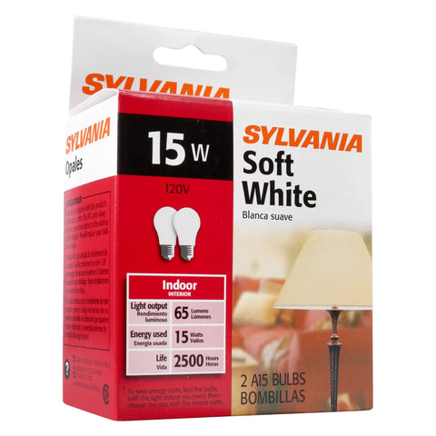 2 Pack A15 15W Dimmable Incandescent Light Bulbs E26 Medium Base 120V Soft White Warm White For Table Lamps Hallways And Decor Lighting In Homes For Everyday Use product box
