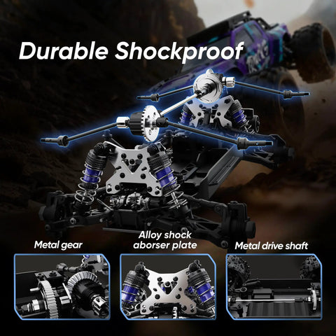 Close-up of Beast Brushless RC Car For Adults With 50 MPH Top Speed Off Road 4WD Monster Truck's shockproof metal components.