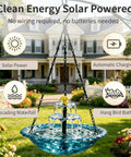 Solar Powered Cascade Hanging Bird Bath Fountain With No Battery Needed Water Pump Dispenser in blue garden setting