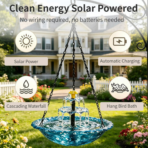 Solar Powered Cascade Hanging Bird Bath Fountain With No Battery Needed Water Pump Dispenser in blue garden setting