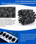 Front view of a 4.125 inch diameter silicon carbide cylinder honing ball brush with black abrasive beads on wires.