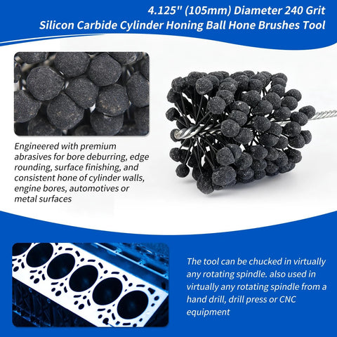 Front view of a 4.125 inch diameter silicon carbide cylinder honing ball brush with black abrasive beads on wires.