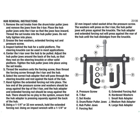 Instructions and diagram for Powerful Brake Drum Puller And Rotor Removal Tool including hub adapters and tool parts list.