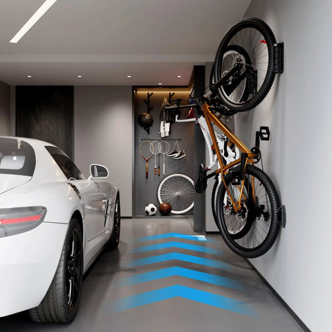 Rock Solid Swivel Bike Wall Mount Rack For Garage with bike on wall, space saving hanger, rubber coated hooks, heavy duty steel