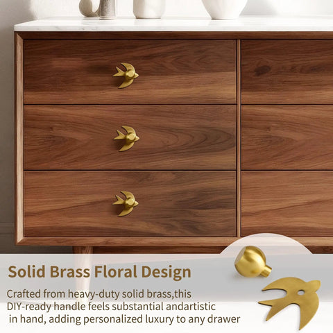 Solid Brass Gold Cabinet Knobs 4 Pack With Swallow Backplates installed on wooden dresser
