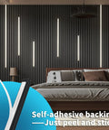 6 Piece Self Adhesive LED Recessed Lighting Kit With Smart Switch 3000K installed on wood slat wall panels behind a bed