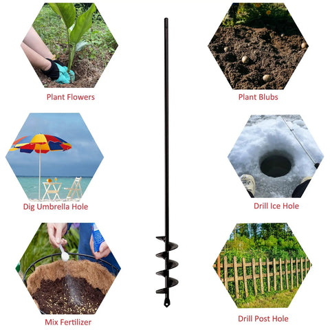 Image showing the Garden Auger Drill Bit 2 Inch By 30 Inch Upgraded Spiral Hole Digger for multiple uses like planting and drilling.