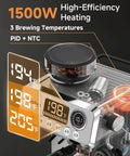 Next Level Semi Automatic Espresso Machine With Built In Conical Burr Grinder, 20 Bar Pressure, 44 Precision Grind Steps, And Quick Milk Frother For Cranking Out Barista Grade Shots Daily At Home control panel displaying temperature settings and brewing options.