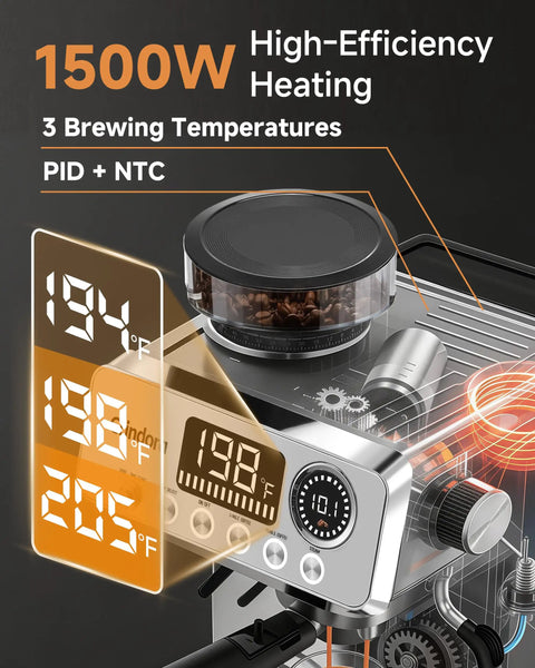 Next Level Semi Automatic Espresso Machine With Built In Conical Burr Grinder, 20 Bar Pressure, 44 Precision Grind Steps, And Quick Milk Frother For Cranking Out Barista Grade Shots Daily At Home control panel displaying temperature settings and brewing options.