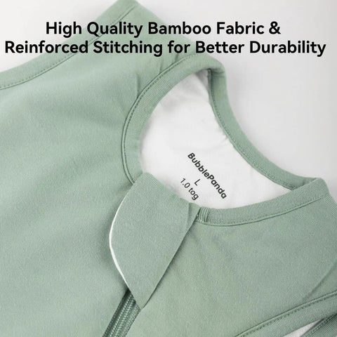 Soft Bamboo Rayon Sleep Sack For Babies 12 To 18 Months, 1.0 Tog, close-up showing green fabric and 2-way zipper