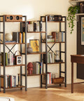 Super Solid Four Tier Bookshelf With Eleven Open Shelves And Hella Spacious Rustic Brown Frame in a cozy living room setting.