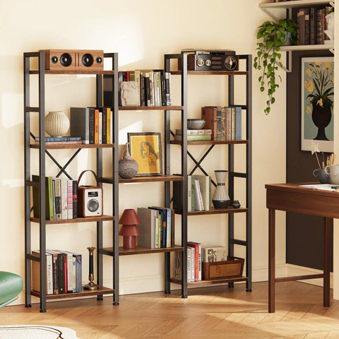 Super Solid Four Tier Bookshelf With Eleven Open Shelves And Hella Spacious Rustic Brown Frame in a cozy living room setting.