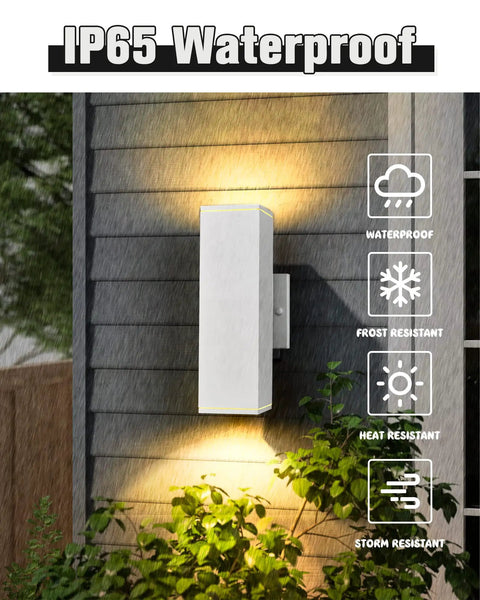Square Outdoor Wall Light Fixture For Porch And Front Door Modern Exterior Sconce Lighting No Sensor Waterproof Up And Down Exterior Light For Garage White Sanded Finish 2 Pack mounted on wall with IP65 waterproof rating