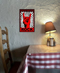 Front view of Xanovir music tin sign, red rock hand gesture with ROCK on black white rays, 8x12 inches wall decor