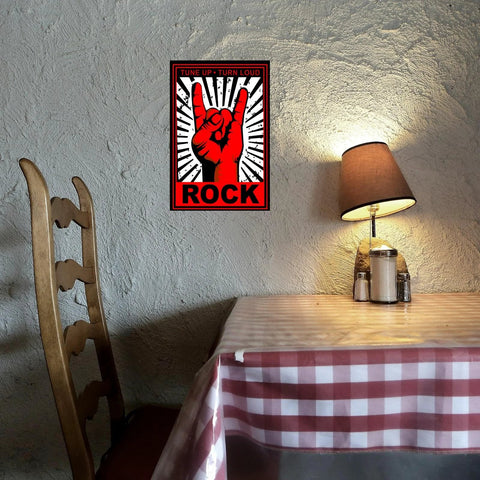 Front view of Xanovir music tin sign, red rock hand gesture with ROCK on black white rays, 8x12 inches wall decor