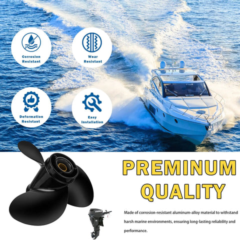 Drop In Nine Point Two Five Inch Diameter Ten Pitch Aluminum Outboard Propeller With Thirteen Spline Right Hand Rotation Highlights
