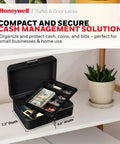 Compact Cash Box With Removable Money Tray And Under Tray Storage Five Coin Slots Durable Metal Safe With Key Lock Ideal For Home Office Black 0.14 Cu Ft Saving Money Lock Box on a shelf