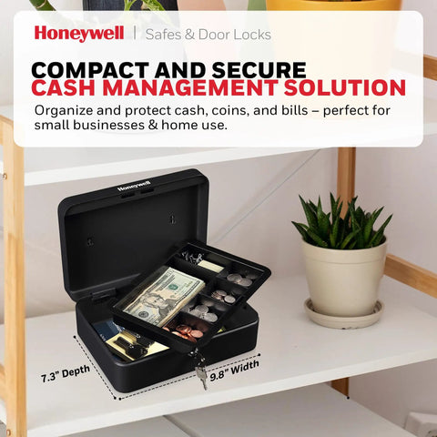 Compact Cash Box With Removable Money Tray And Under Tray Storage Five Coin Slots Durable Metal Safe With Key Lock Ideal For Home Office Black 0.14 Cu Ft Saving Money Lock Box on a shelf