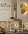 DANCYHOME 6.7" Rechargeable LED Wall Sconce in Brushed Brass mounted in a hallway, providing warm accent lighting.
