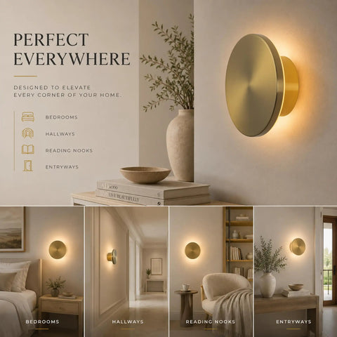 DANCYHOME 6.7" Rechargeable LED Wall Sconce in Brushed Brass mounted in a hallway, providing warm accent lighting.