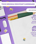 Stay Flat 17 By 21 Inches White Kraft Rigid Mailers Pack Of 50 With Self Seal Closure on purple desk with glasses and laptop.