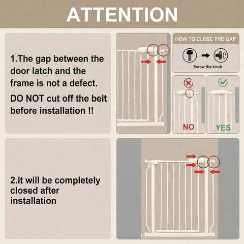 Attention notice explaining extra wide baby gate installation for 67 to 71.5 inches, including latch gap guideline and adjustment instructions.