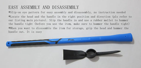 Disassembled 35 Inch Forged Heavy Duty Adze Pick Mattock With Shock Absorbing Fiberglass Handle and instructions for assembly
