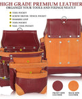 Grain Leather Tool Belt Rig Pro Grade With 18 Pockets Double Pouches Hammer Holders Padded Belt Front and Back View
