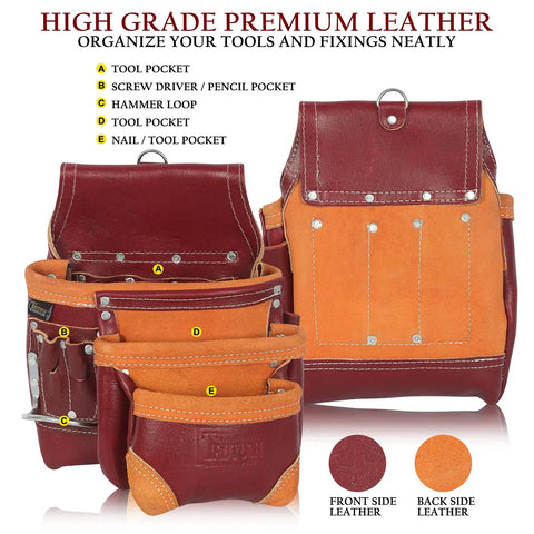Grain Leather Tool Belt Rig Pro Grade With 18 Pockets Double Pouches Hammer Holders Padded Belt Front and Back View