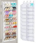 Over The Door Shoe Organizer With Breathable Mesh 10 Tier Holds 30 Pairs White Closet Storage Space Saver For Kicks Boots Heels Yo And Family Footwear filled with colorful shoes hanging on a door and empty view next to it.