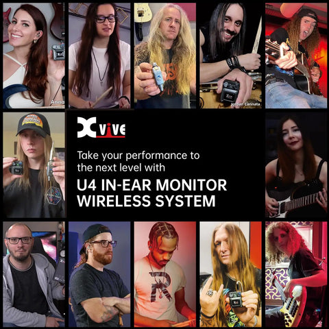 Collage of musicians showcasing U4 Wireless In-Ear Monitor System For Studio And Live Gigs, Beltpack Receiver And Transmitter.