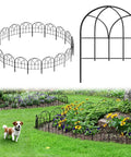 No Dig Garden Fence Barrier Set, 19 Piece Arch Metal Fence Panels In Black installed in yard as decorative edging