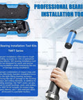 Bearings Installation Tool Set With Seal Driver And Race Installer, blue case and tools, hand holding a tool, text details.