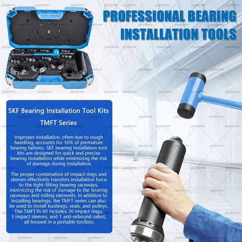Bearings Installation Tool Set With Seal Driver And Race Installer, blue case and tools, hand holding a tool, text details.
