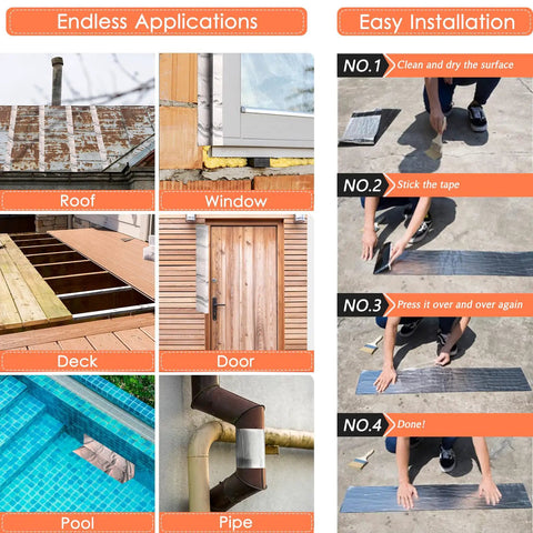 Heavy Duty 4 Inch By 32 Foot Self Adhesive Flashing Tape Membrane Waterproof Patch Seal Tape Made From SBS Modified Rubberized Asphalt For Deck Seams Joists Roof Gutters Windows And Outdoor Repairs installation guide and use cases image showing tape applied to roof, window, deck, door, pool, pipe