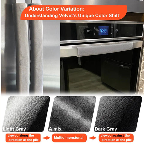 Velvet Refrigerator Handle Covers Set Of 5 Washable Door Handle Protectors on stainless steel appliance, showcasing color variations in light gray, mix, and dark gray shades.