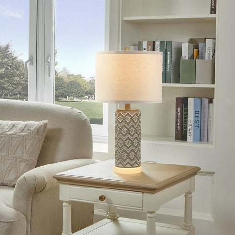 Three Way Touch Control 24 Inch Poly Table Lamp Set Of 2 With USB Ports And AC Outlet Farmhouse Beige Linen Shade