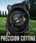 Underside view of Cordless Electric Lawn Mower with 21-inch deck highlighting precision cutting blades on grass.
