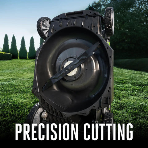 Underside view of Cordless Electric Lawn Mower with 21-inch deck highlighting precision cutting blades on grass.