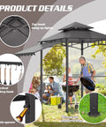 8x8 Heavy Duty Steel Frame Grill Gazebo With Double Tier Canopy Shelves Ceiling Hooks And Ground Stakes Waterproof UV Proof Outdoor Patio Tent For BBQ Backyard Gray with family grilling underneath